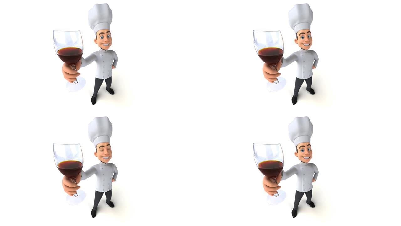 有趣的3D卡通厨师与一杯葡萄酒
