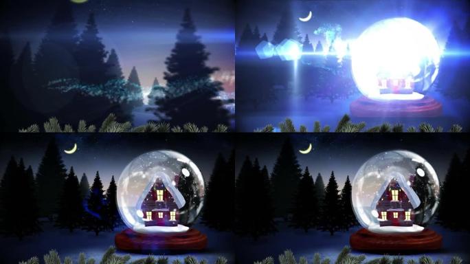 在夜空的冬季景观中，雪球中的房子周围流星