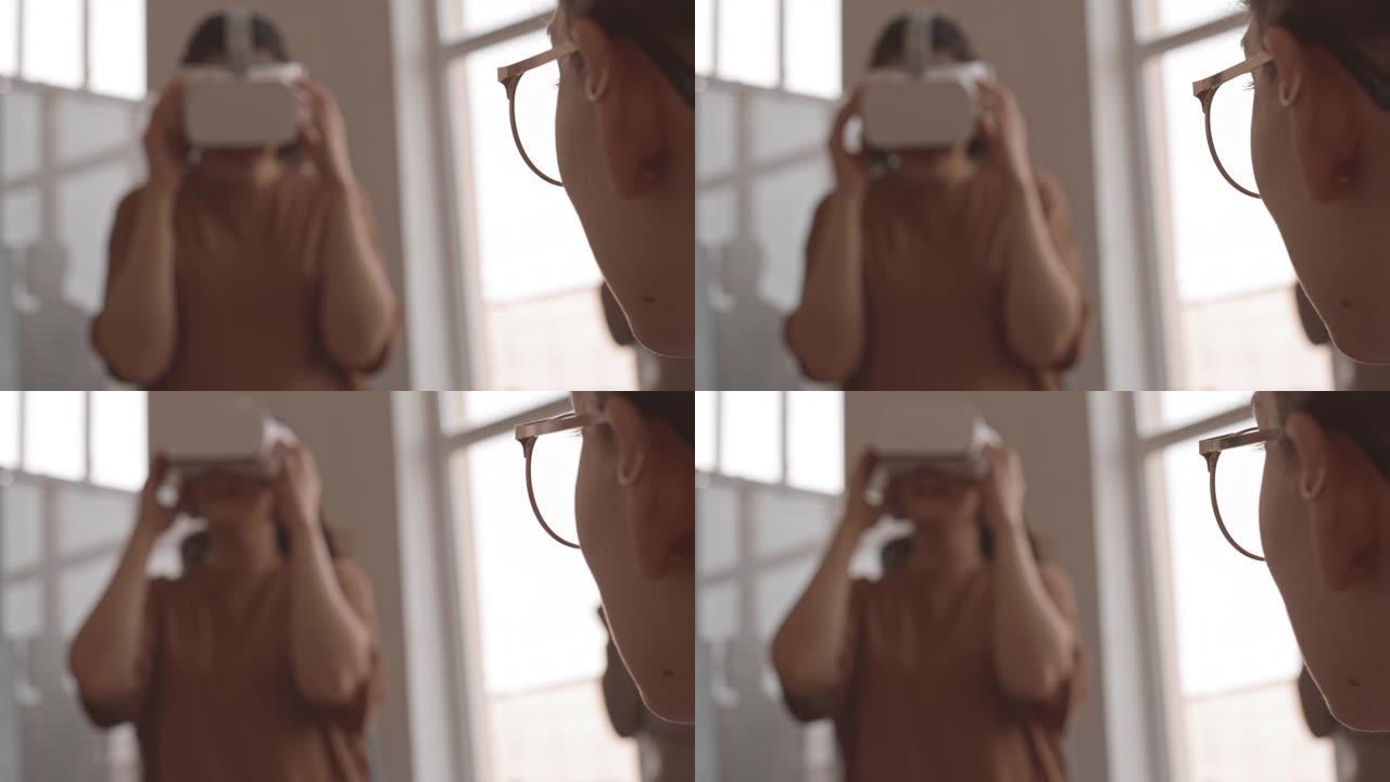 女人在VR-护目镜中看着模糊的人