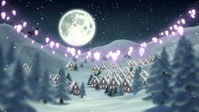 圣诞老人雪橇和圣诞灯在冬季景观上的动画