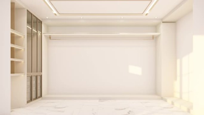 构建室内经典风格，在壁橱中行走白色大理石地砖和灰色凳子织物，在功能墙壁上装饰天花板，3d渲染停止运动