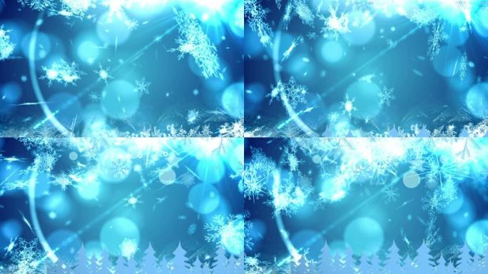 雪花落在蓝色的灯光和圣诞树上的动画