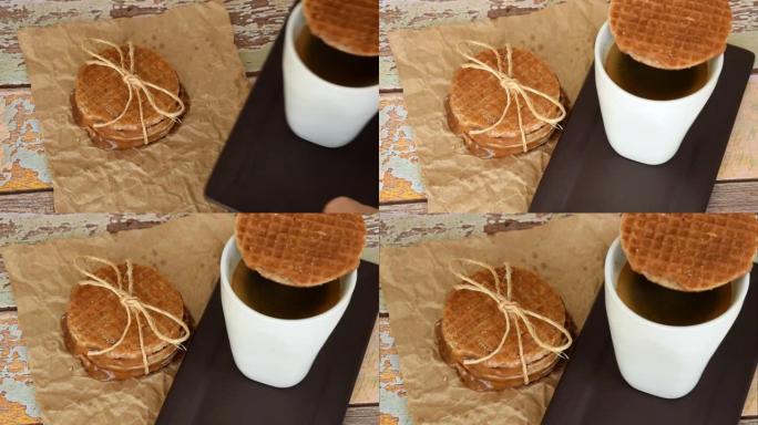 几个Stroopwafel串起一串剑麻和葡萄糖浆，放大。附近供应一杯咖啡。