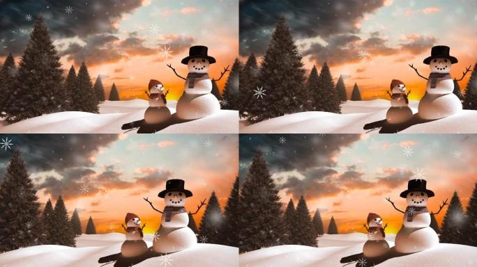 雪人在冬季景观中飘落的动画