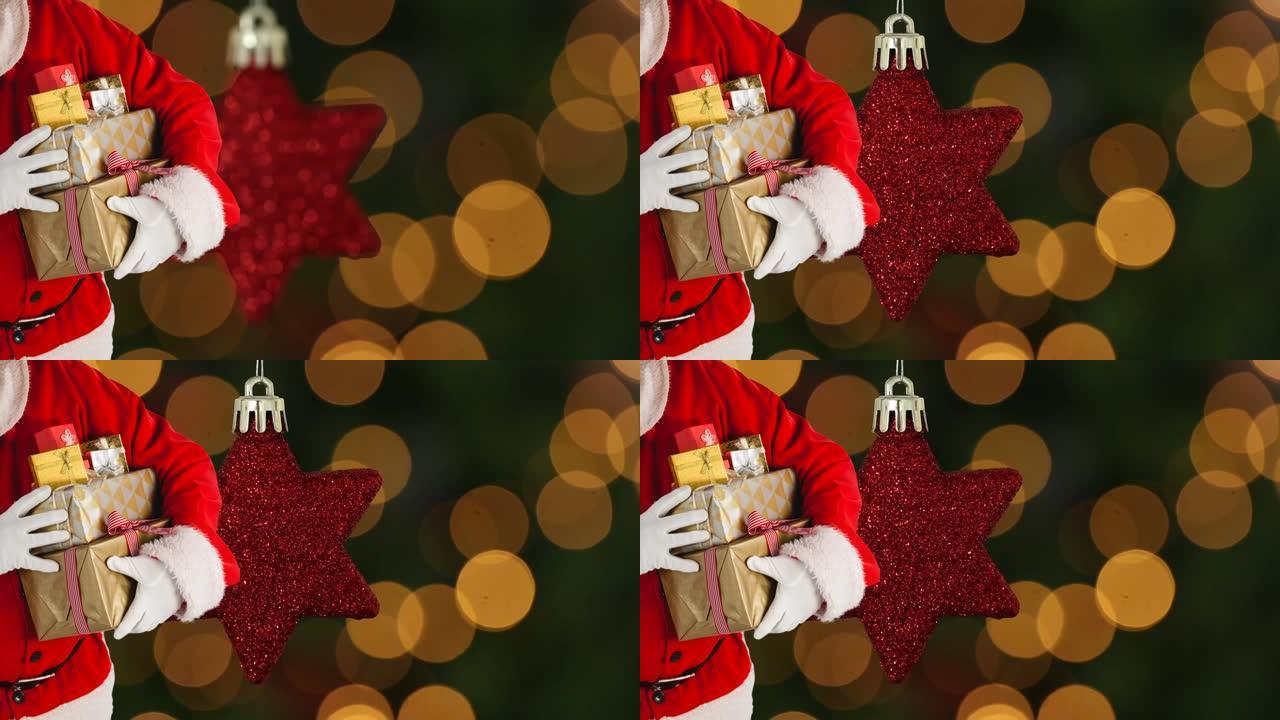 圣诞老人在红星和橙色光点上拿着圣诞礼物的动画