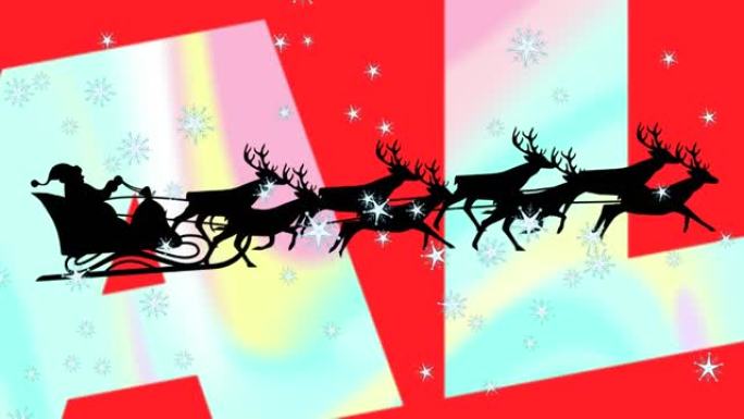 星星图标落在雪橇上的圣诞老人上，被驯鹿拉着反对销售文字横幅