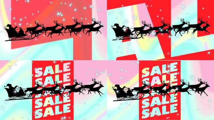 星星图标落在雪橇上的圣诞老人上，被驯鹿拉着反对销售文字横幅