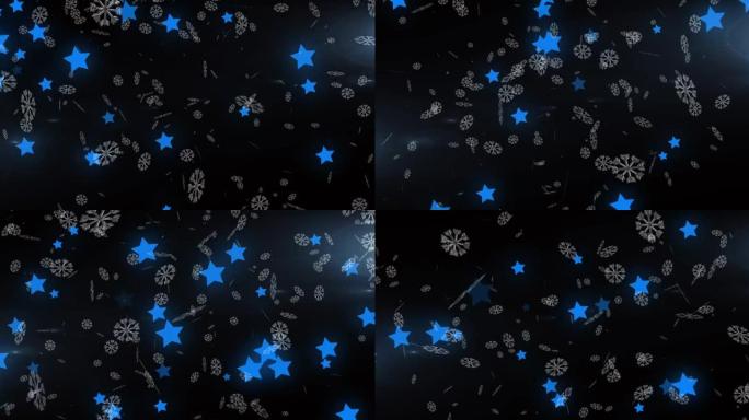 雪花落在蓝色发光星星上的动画