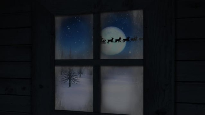在冬季景观上，驯鹿拉着雪橇上的圣诞老人窗框