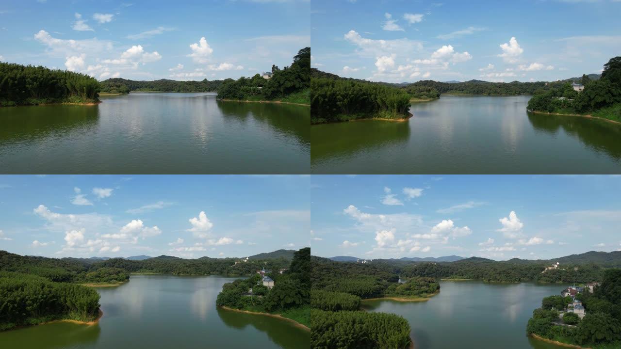 白天向上倾斜湖景绿色生态绿水青山旅游景区