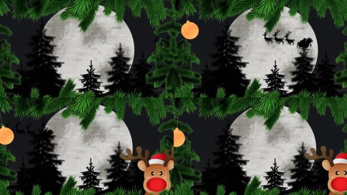 圣诞老人在雪橇上满月的圣诞树框架动画