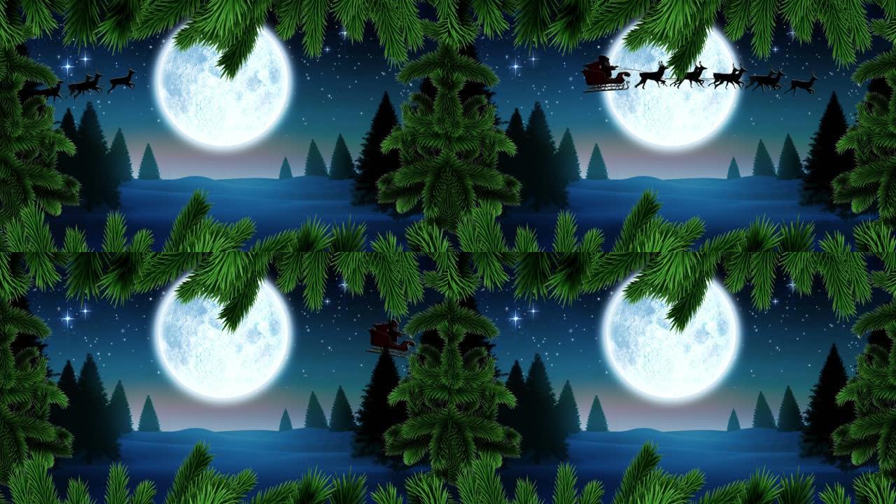 圣诞冷杉树框架的动画与圣诞老人的夜晚冬季景观