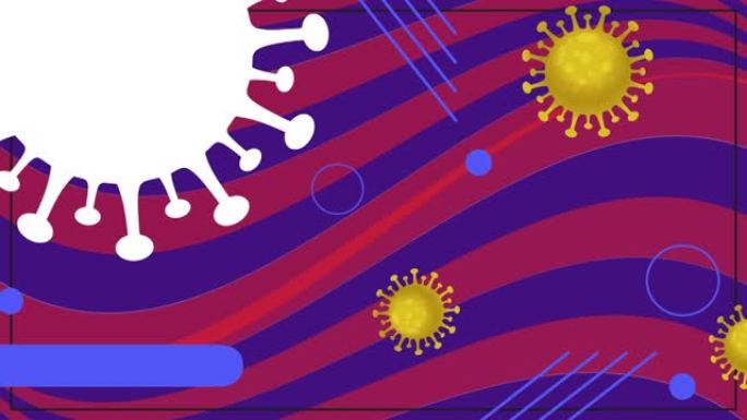 红色和紫色弯曲条纹背景上的covid病毒细胞的动画