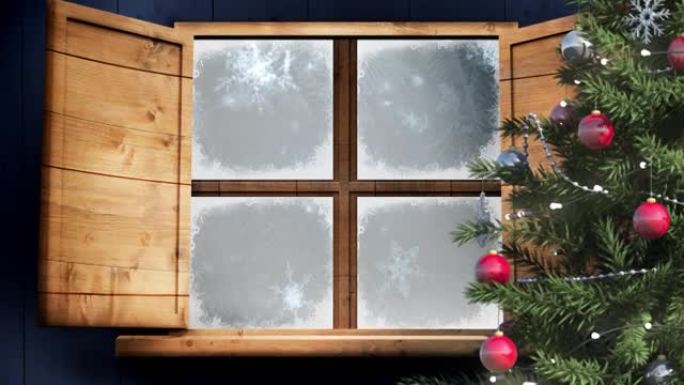 透过窗户看到圣诞装饰的冬季风景动画
