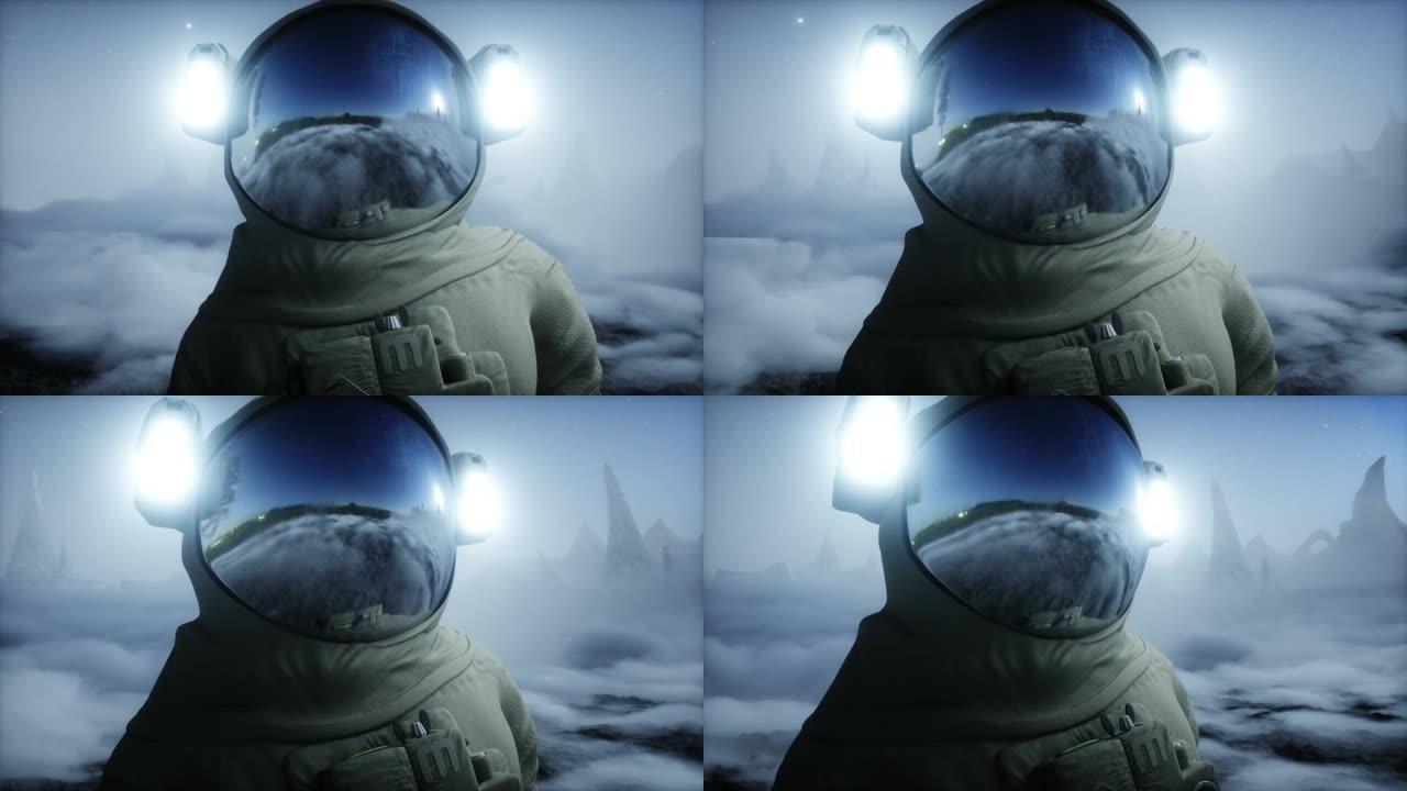 外星人星球上的宇航员。火星表面。太空旅行。逼真的4k动画。