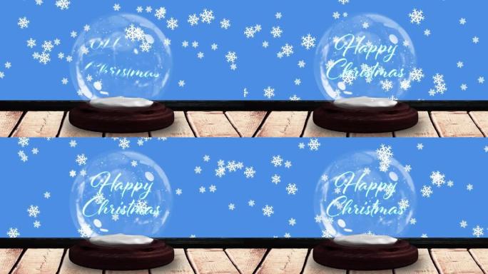 木板上的雪球和雪花飘落的圣诞节快乐动画