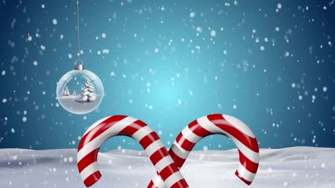 冬季风景中圣诞树球上的糖果棒动画