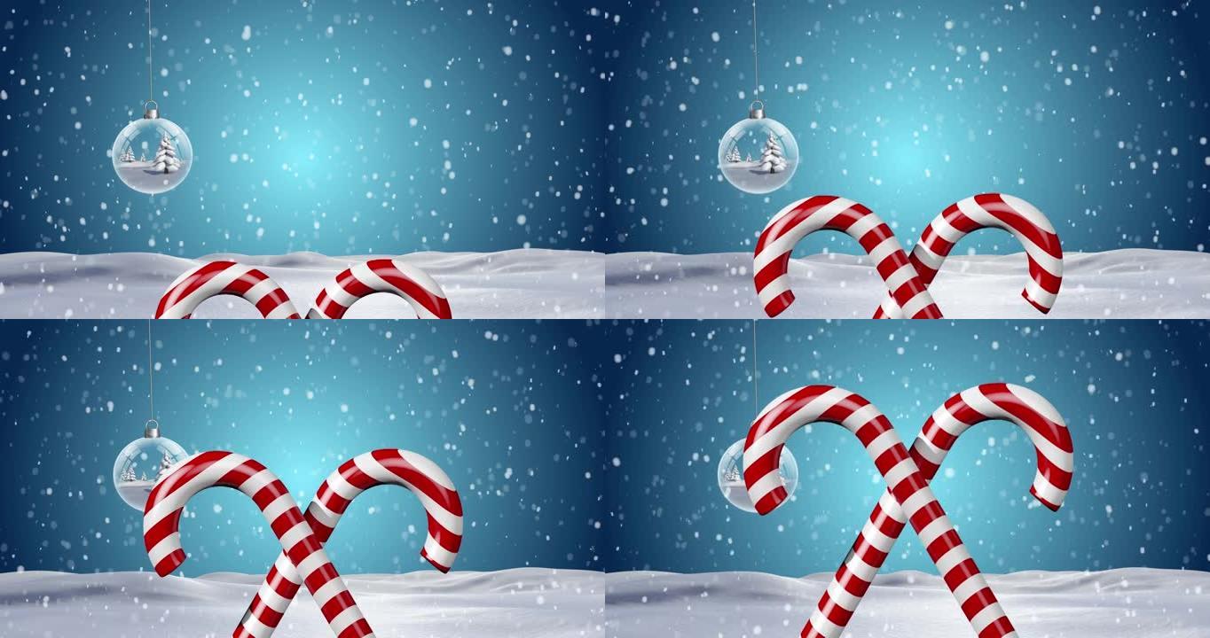 冬季风景中圣诞树球上的糖果棒动画