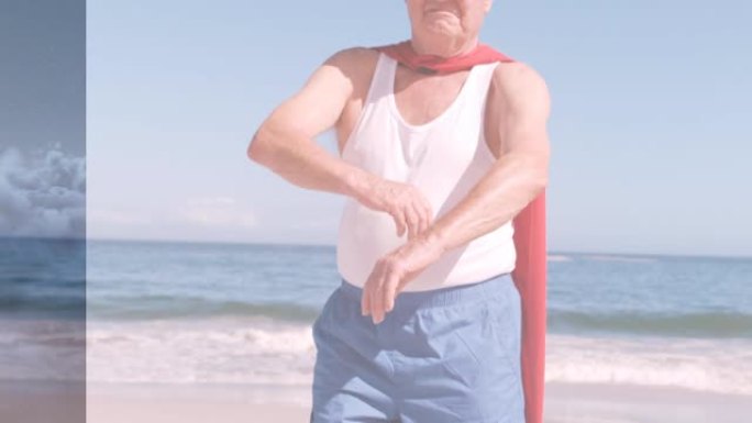 在海滩上穿着超级英雄服装的白人男子身上的云彩动画
