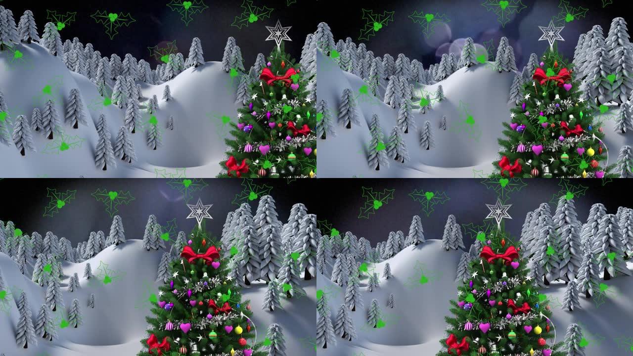 冬季景观上的圣诞树上的槲寄生图标，黑色背景上的光斑