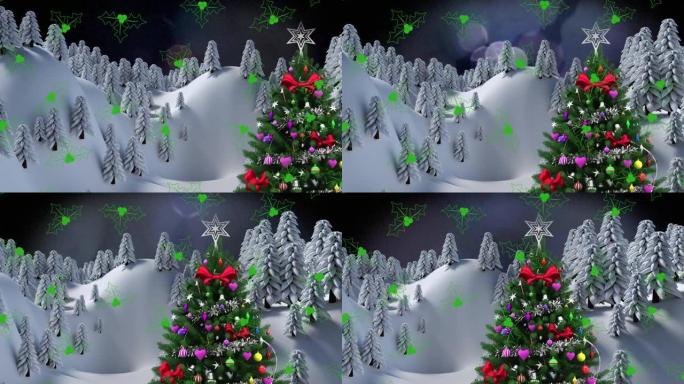 冬季景观上的圣诞树上的槲寄生图标，黑色背景上的光斑