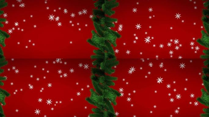 圣诞树树枝和雪花图标落在红色背景下