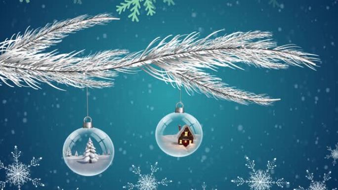 蓝色背景上的圣诞节符号上的雪的动画