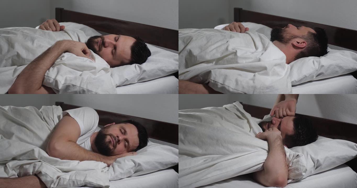 白人大胡子男人上床睡觉，在灯光室醒来的特写镜头。有魅力的家伙上床睡觉。早上好冷静觉醒4k