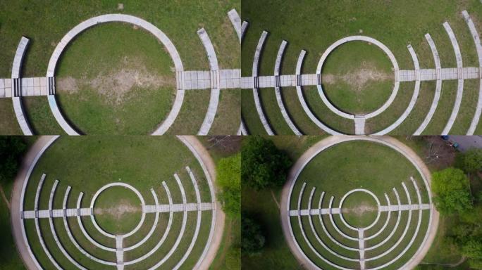 西班牙蓬特韦德拉维戈大里奥萨公园圆形同心图案建筑的鸟瞰图。温和的上升镜头。
