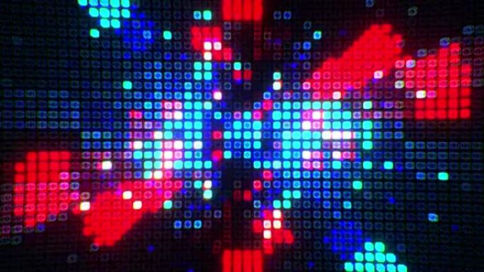 4K 3d渲染抽象循环闪烁红蓝数字技术网格线扭曲马赛克瓷砖图案循环运动。闪烁的小闪烁着闪烁的电线。高