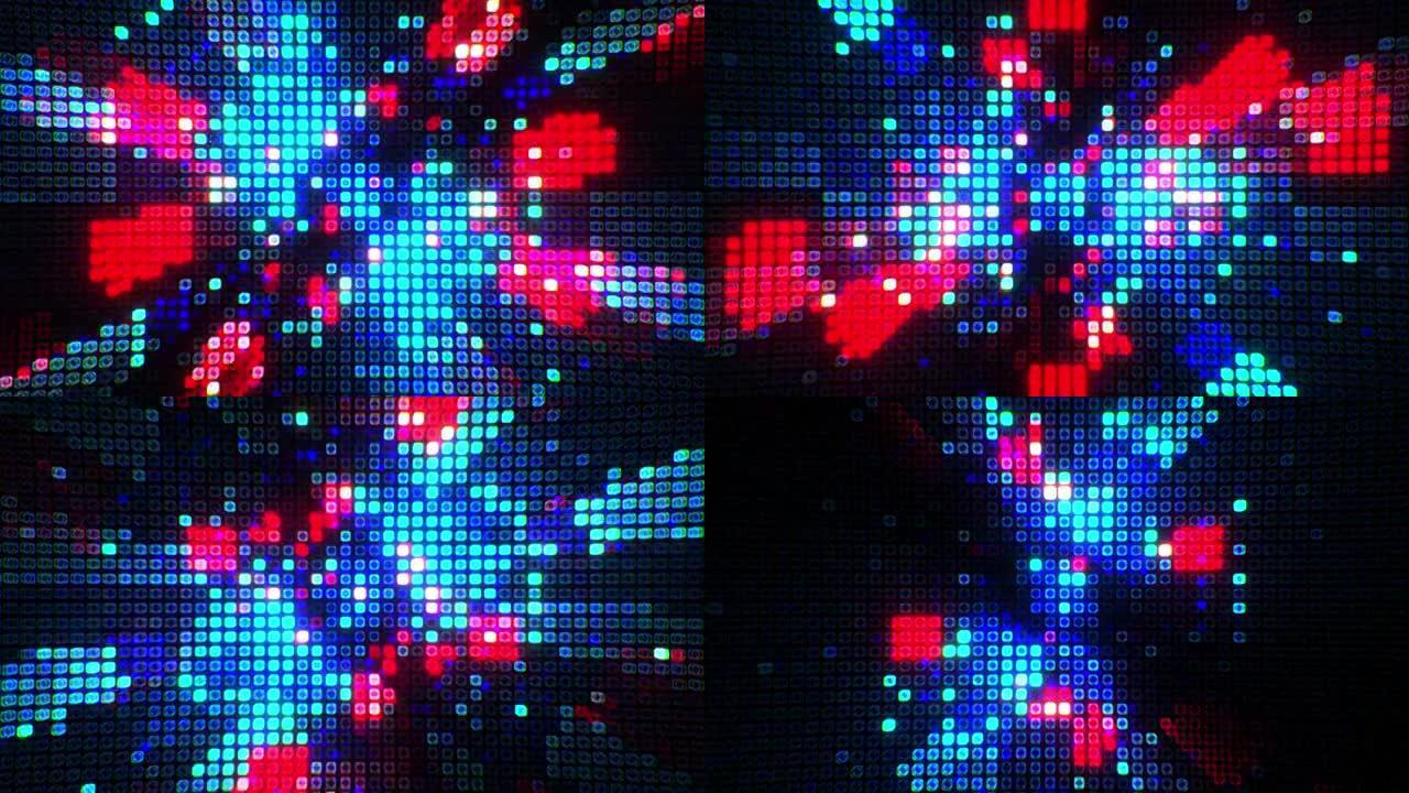 4K 3d渲染抽象循环闪烁红蓝数字技术网格线扭曲马赛克瓷砖图案循环运动。闪烁的小闪烁着闪烁的电线。高