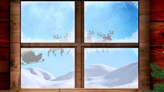 圣诞老人在雪橇上的动画，通过窗户看到驯鹿