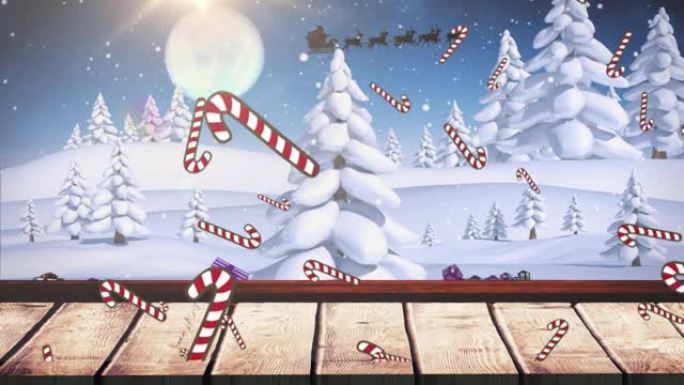 糖果手杖坠落与冬季风景的动画
