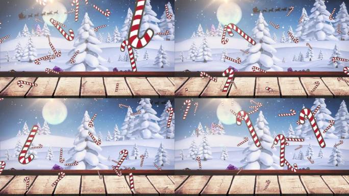 糖果手杖坠落与冬季风景的动画
