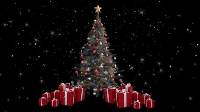 雪花落在圣诞树上的动画和黑色背景上的礼物