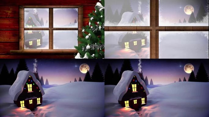 透过窗户看到房子的冬季圣诞节场景动画