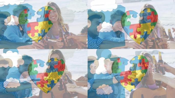 彩色拼图动画在夏日海滩派对上快乐的朋友喝啤酒