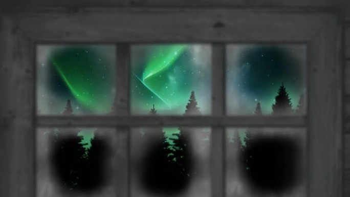 通过窗户看到的北极光和圣诞节冬季风景的动画