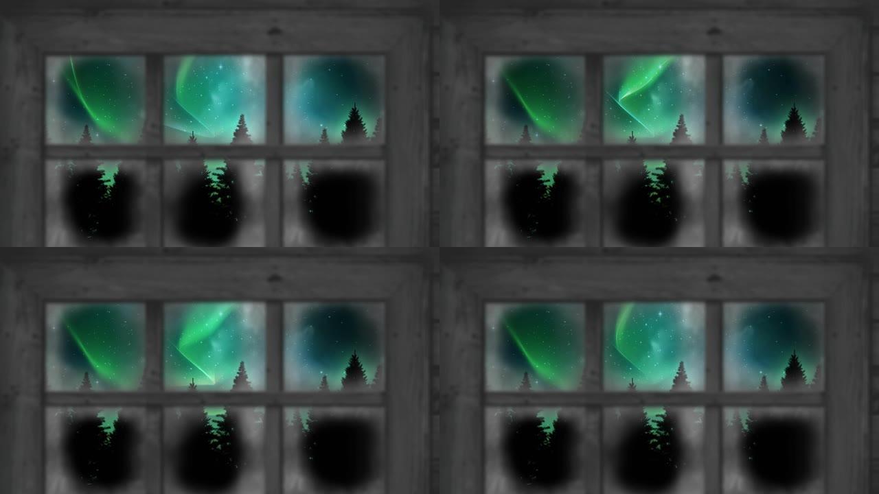 通过窗户看到的北极光和圣诞节冬季风景的动画