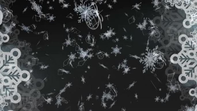黑色背景下掉落的多个雪花图标的数字动画