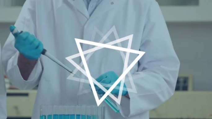 在实验室工作的男医生身上的白色三角形动画