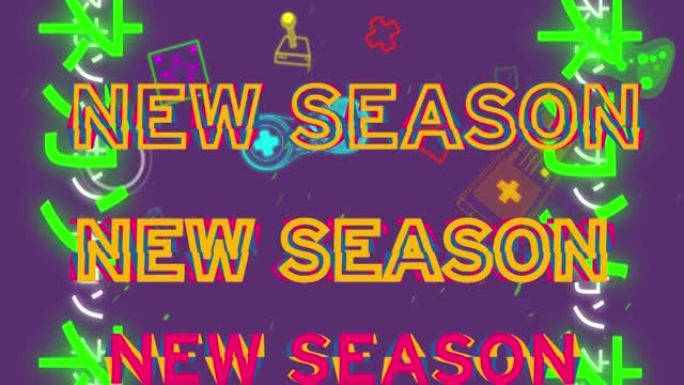 游戏图标和紫色背景上的亚洲标志上的新赛季文本动画