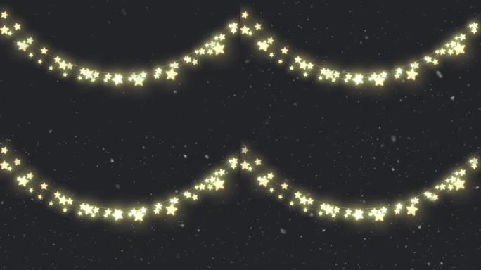黑色背景上的圣诞仙女灯和雪的动画
