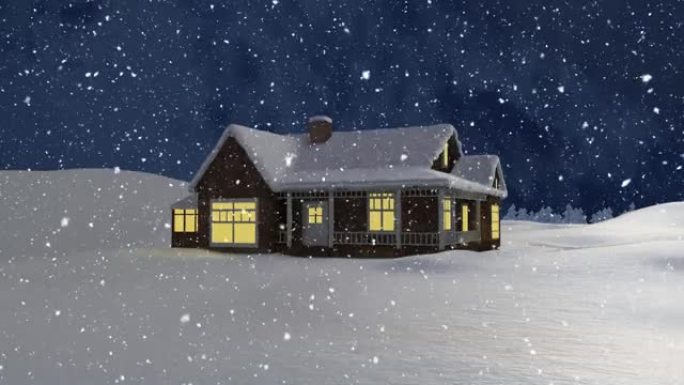在夜空的冬季景观上，雪落在房屋上