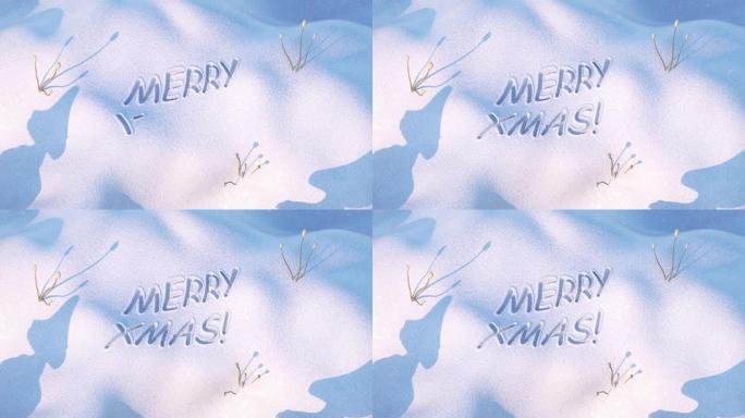 雪3D渲染动画上的圣诞快乐文本