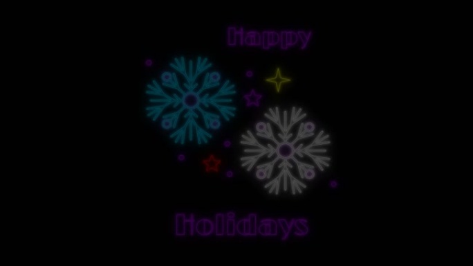 节日快乐动画圣诞霓虹灯文字和黑色背景上的雪花