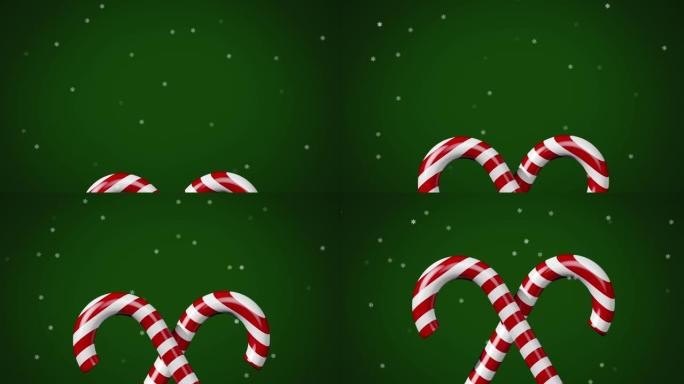 绿色背景上的圣诞节糖果上的雪的动画