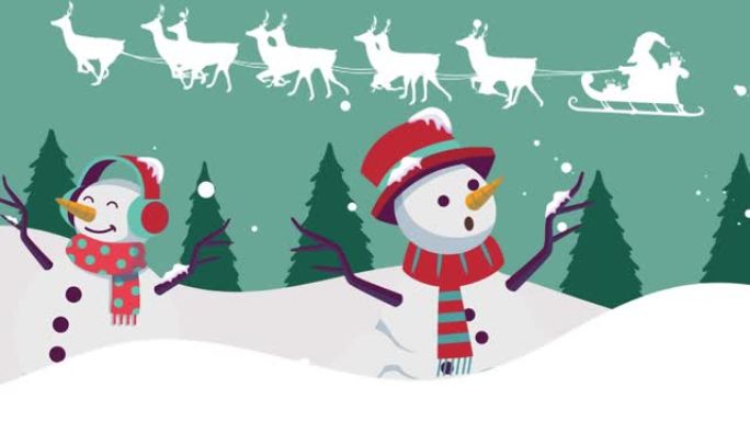 圣诞节下雪的动画，雪人和雪橇上的圣诞老人