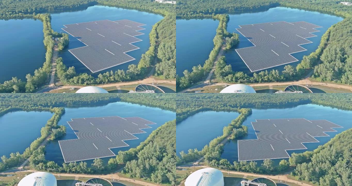 湖面浮动太阳能电池板平台全景鸟瞰图