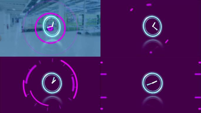 背景中办公室移动时钟和紫色圆圈和形状的动画